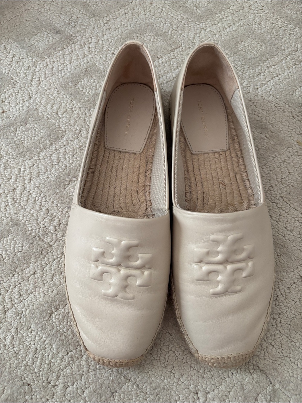 Tory Burch Cream Leather Logo Espadrille Slip-Ons